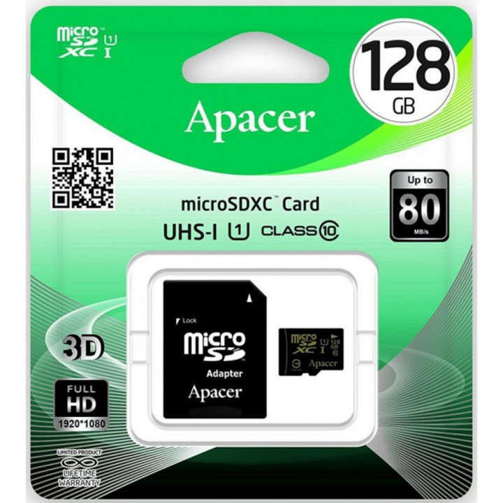 Карта памяти Apacer microSDHC 128GB Apacer Memory Card AP128GMCSX10U1-R UHS-I U1 Class 10, Adapter, (911049) Retail