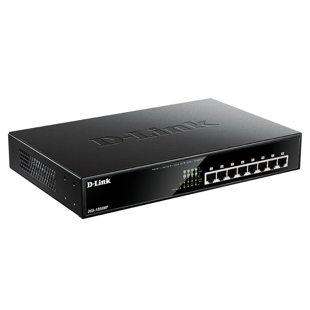 Коммутатор D-Link DGS-1008MP/B1A Неуправляемый коммутатор с 8 портами 10/100/1000Base-T с поддержкой PoE 802.3af/802.3at (30