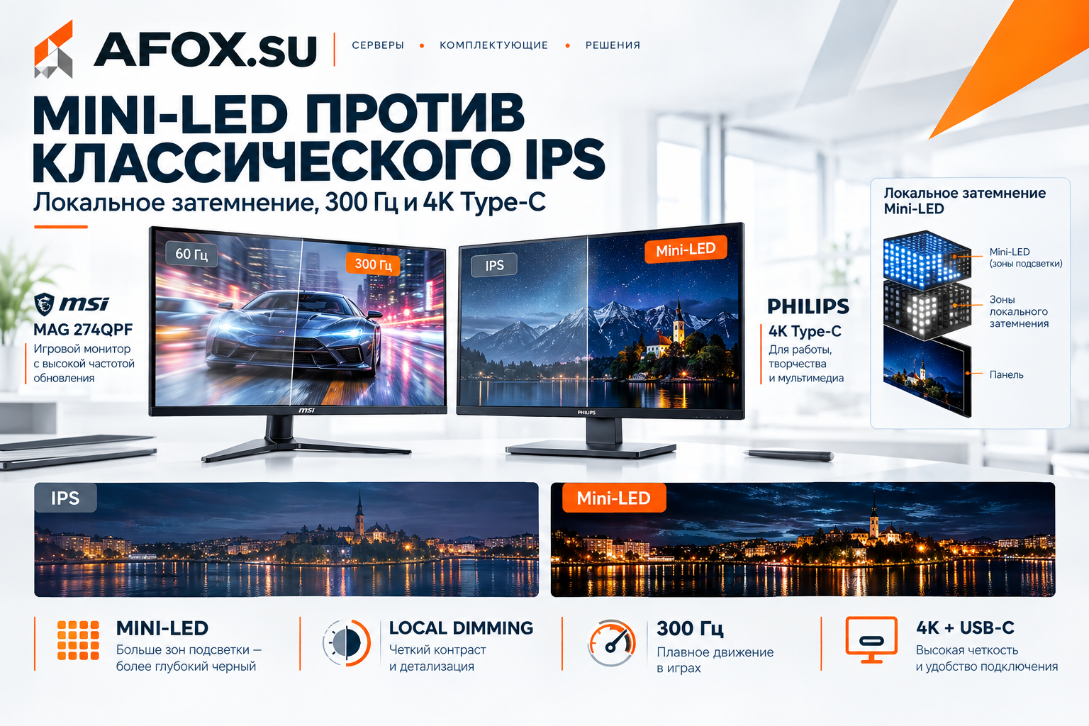 Mini-LED против классического IPS: почему локальное затемнение и 300 Гц меняют восприятие картинки на примере MSI MAG 274QPF и Philips 4K Type-C