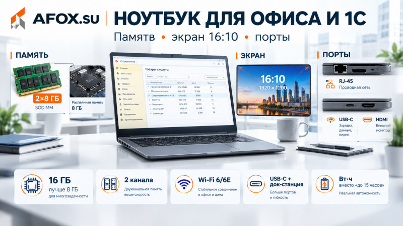 Ноутбук для офиса и 1С: память, экран 16:10 и порты