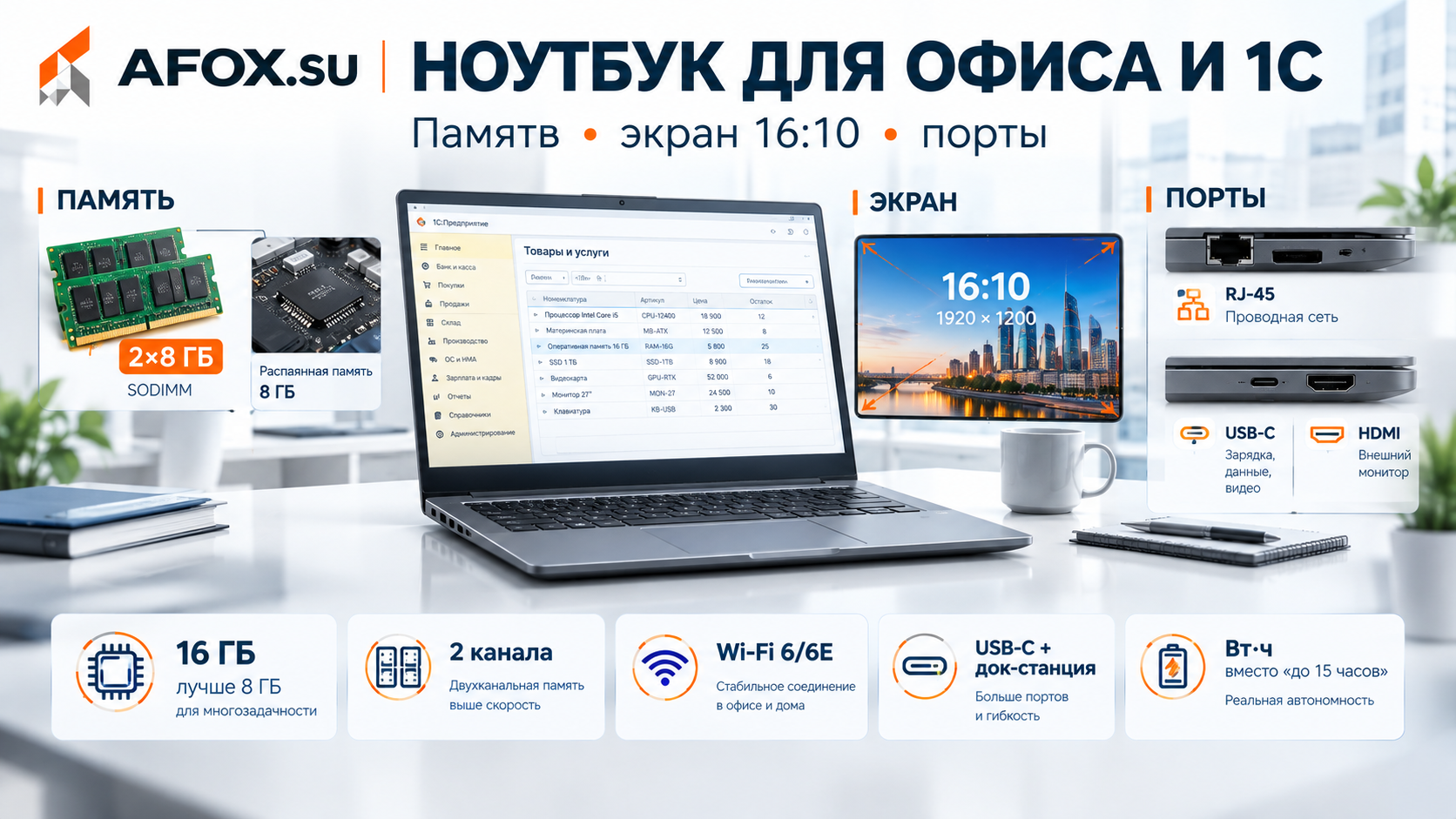 Ноутбук для офиса и 1С: память, экран 16:10 и порты