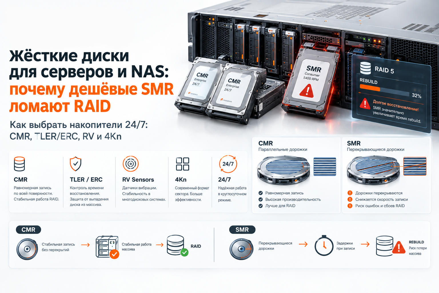Жесткие диски для серверов и NAS: почему дешевые SMR ломают RAID и как выбрать накопители 24/7