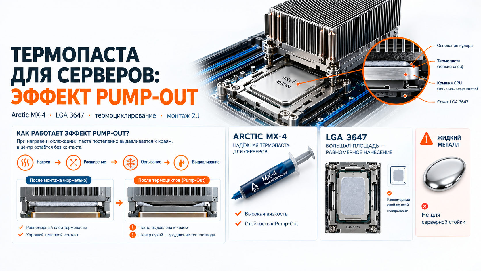 Термопаста для серверов: физика эффекта Pump-Out, вязкость Arctic MX-4 и специфика сокетов LGA 3647